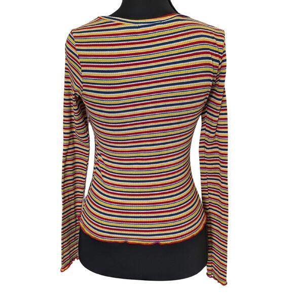 Rainbows & Cupcakes Y2K Rainbow Striped Fitted Top with Lettuce Hem | Women's XS - Picture 2 of 6